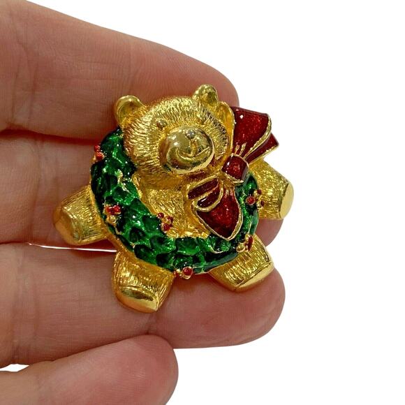 Charming Christmas Brooch Gold Teddy Bear with Green Wreath Festive Pin Gift - Picture 3 of 4